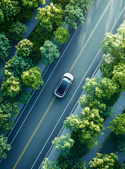 Electric car driving down a road as viewed from above